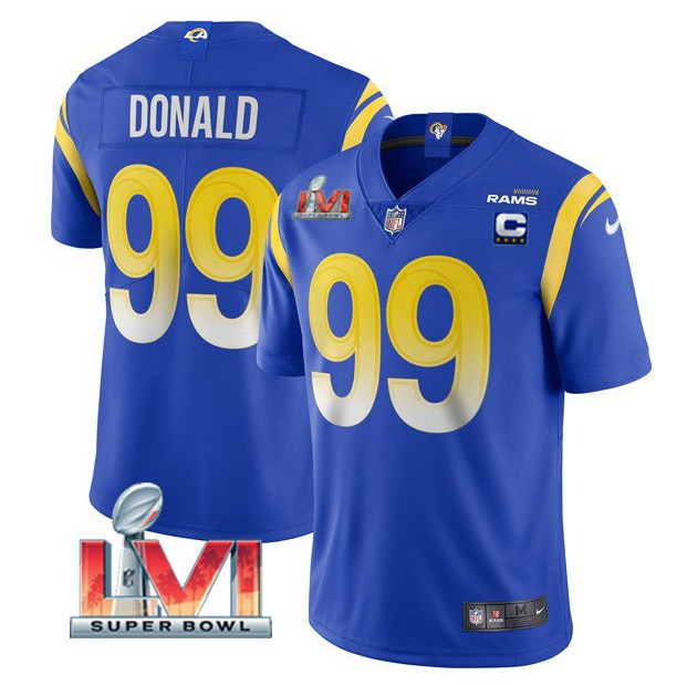 Women's Los Angeles Rams #99 Aaron Donald Royal 2022 With C Patch Super Bowl LVI Vapor Limited Stitched Jersey(Run Small)